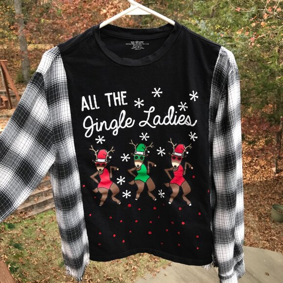 Flannel Tee Upcycle, Christmas Shirt: Size S-M, Holiday Graphics, Jingle Ladies - Picture 9 of 9